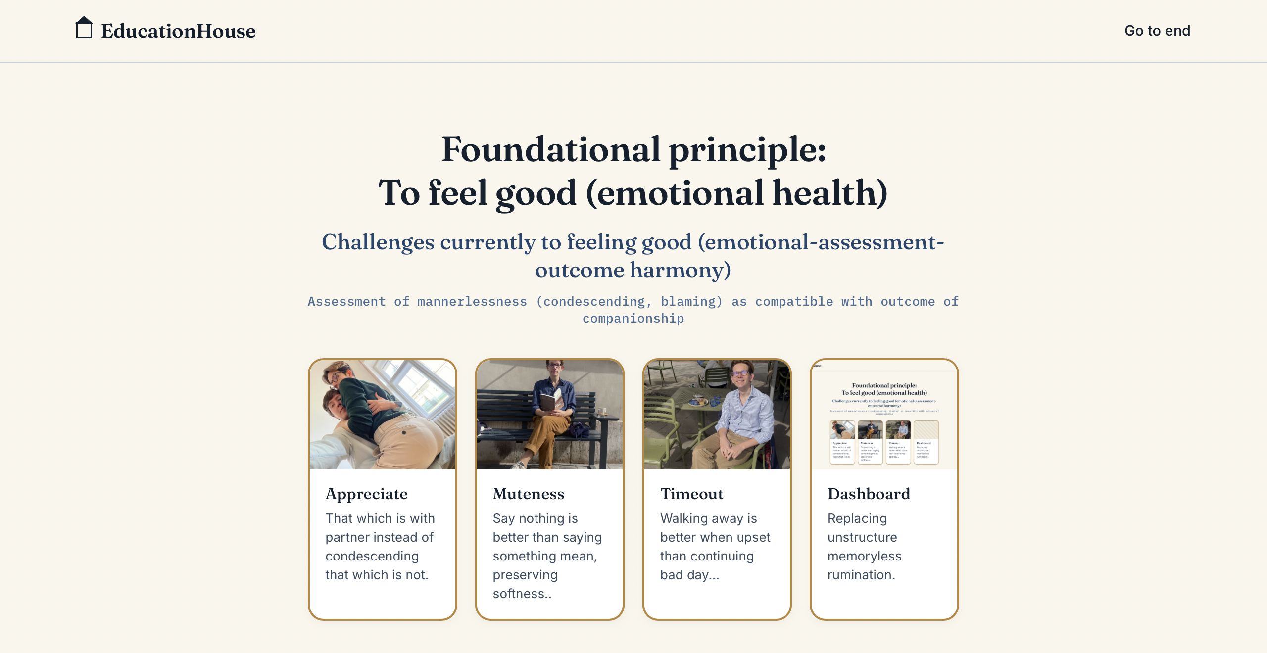 Screenshot of the EducationHouse dashboard page showing the Foundational Principle section with four cards