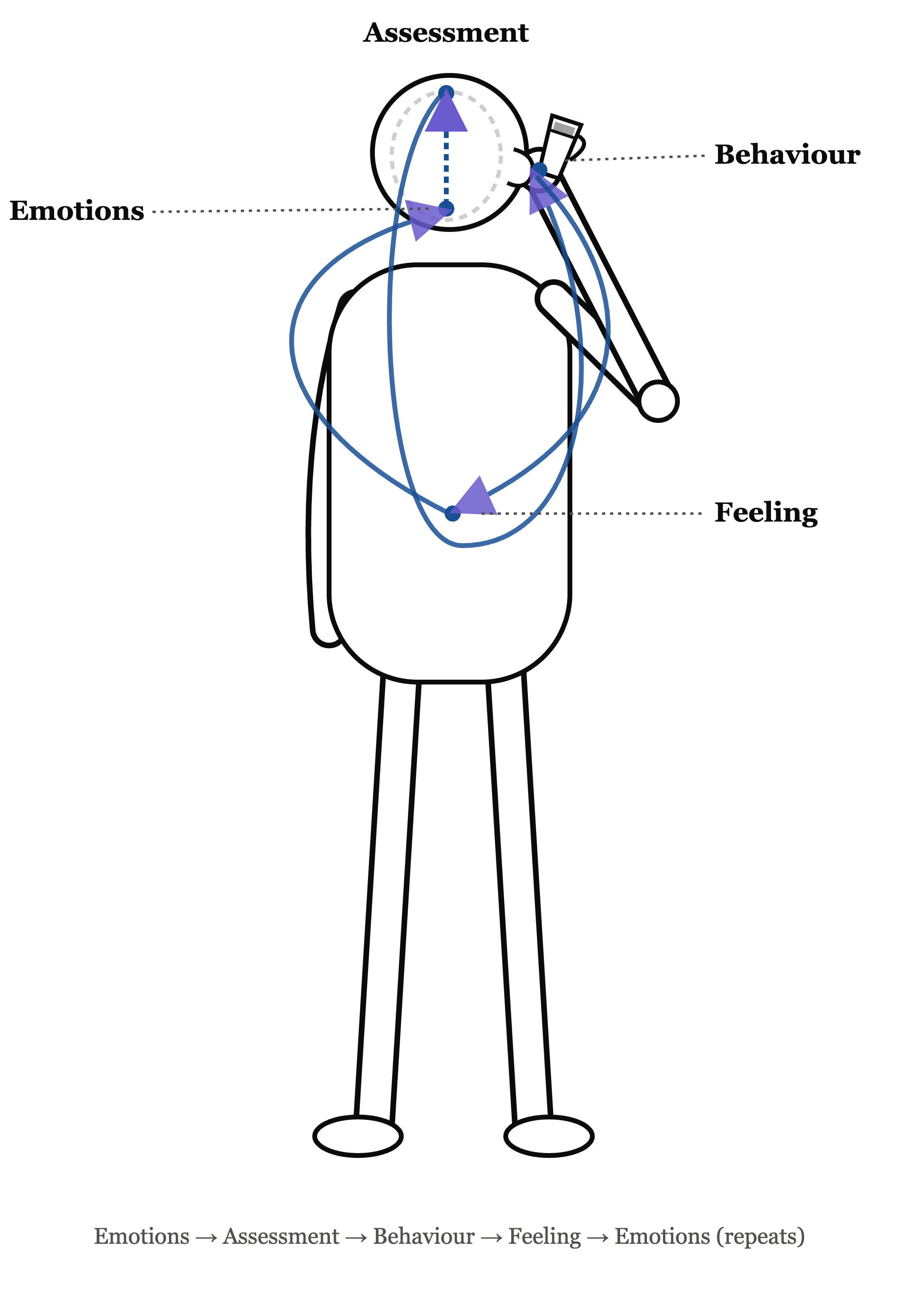 Diagram of the Emotions, Assessment, Behaviour, Feeling cycle, showing arrows looping from Emotions to Assessment to Behaviour to Feeling and back to Emotions, repeating.