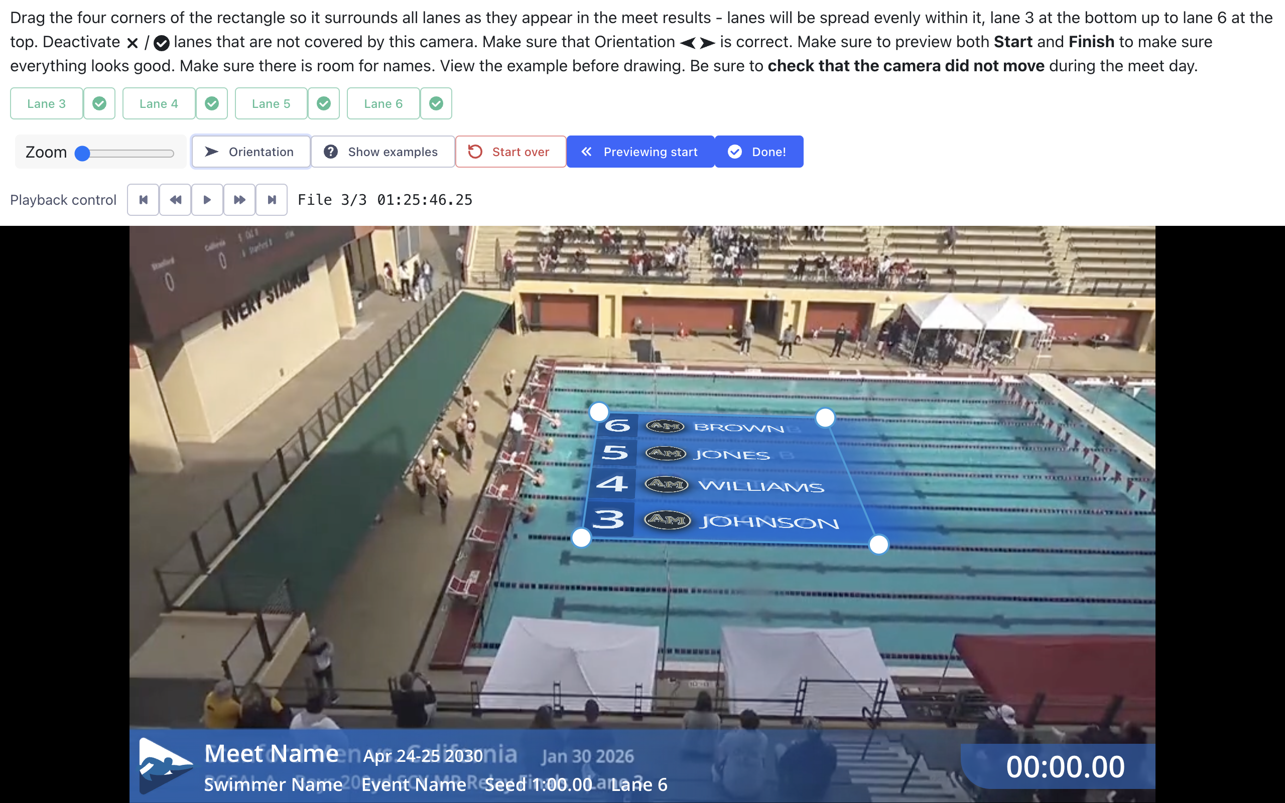 Lane assignment tool with a rectangle overlay drawn over pool lanes 3-6, aligning drag handles to swimmer name overlays