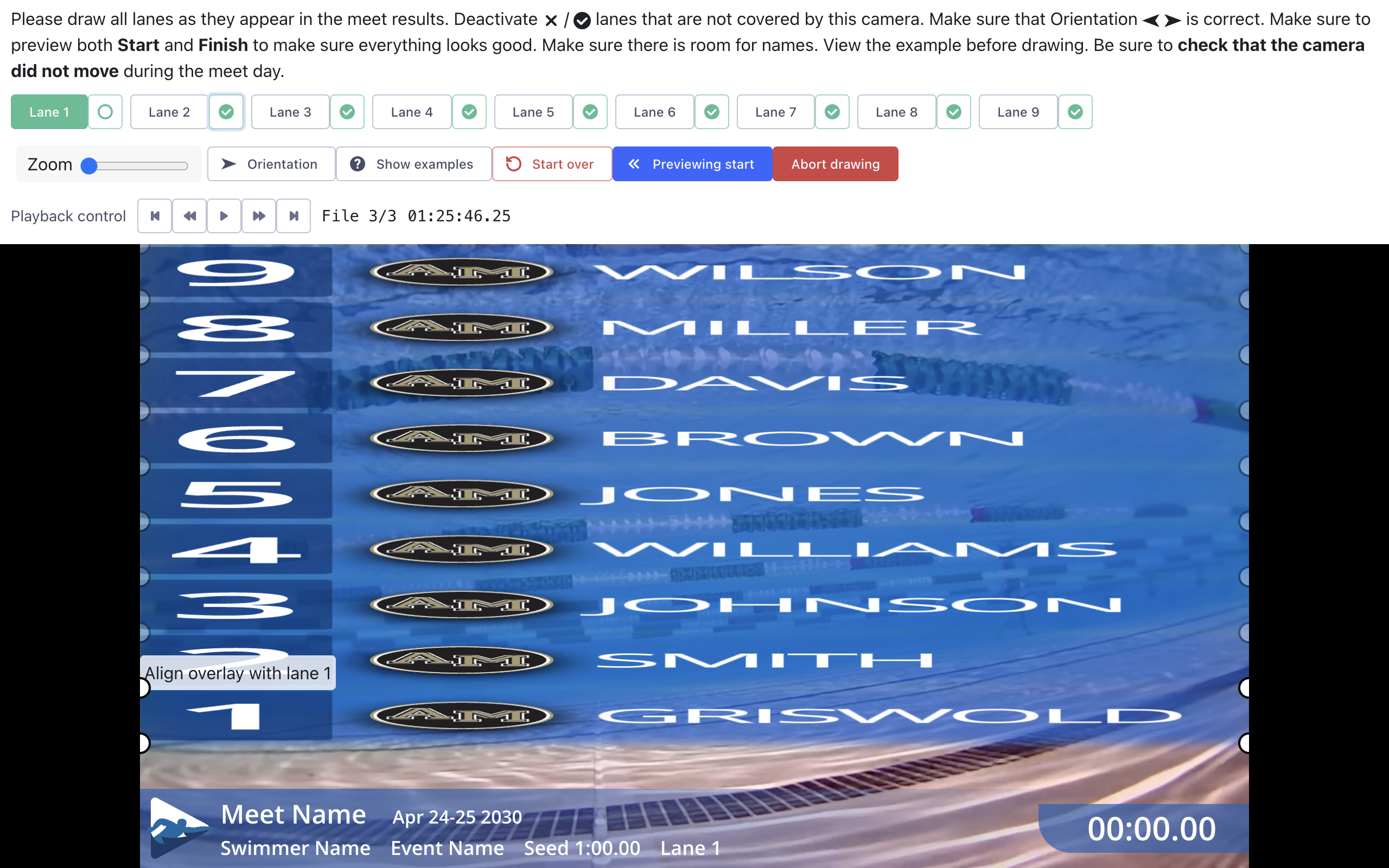 Lane-drawing tool interface for aligning swim lane overlays on race video