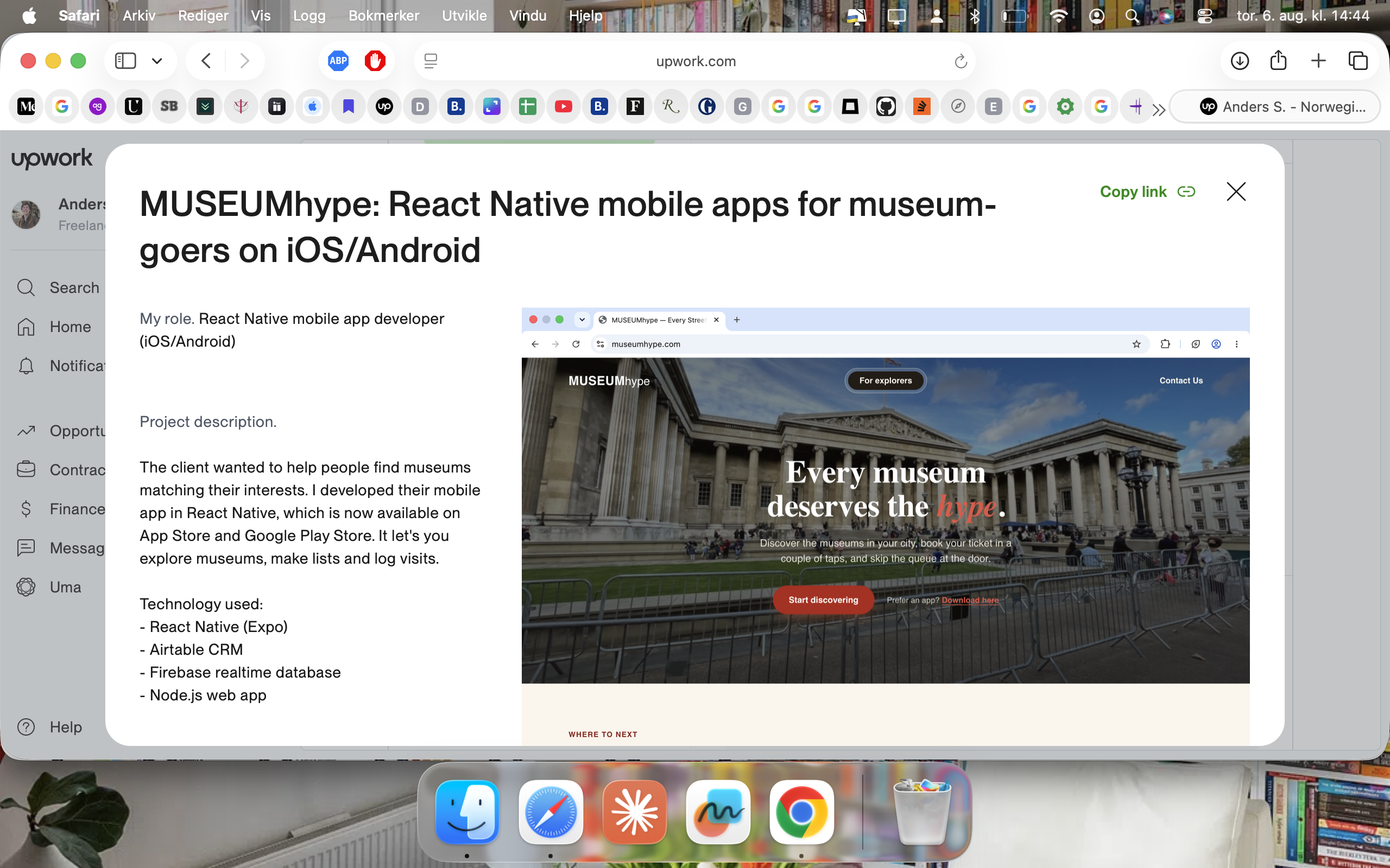 MUSEUMhype project listing on Upwork portfolio, showing project description and app preview