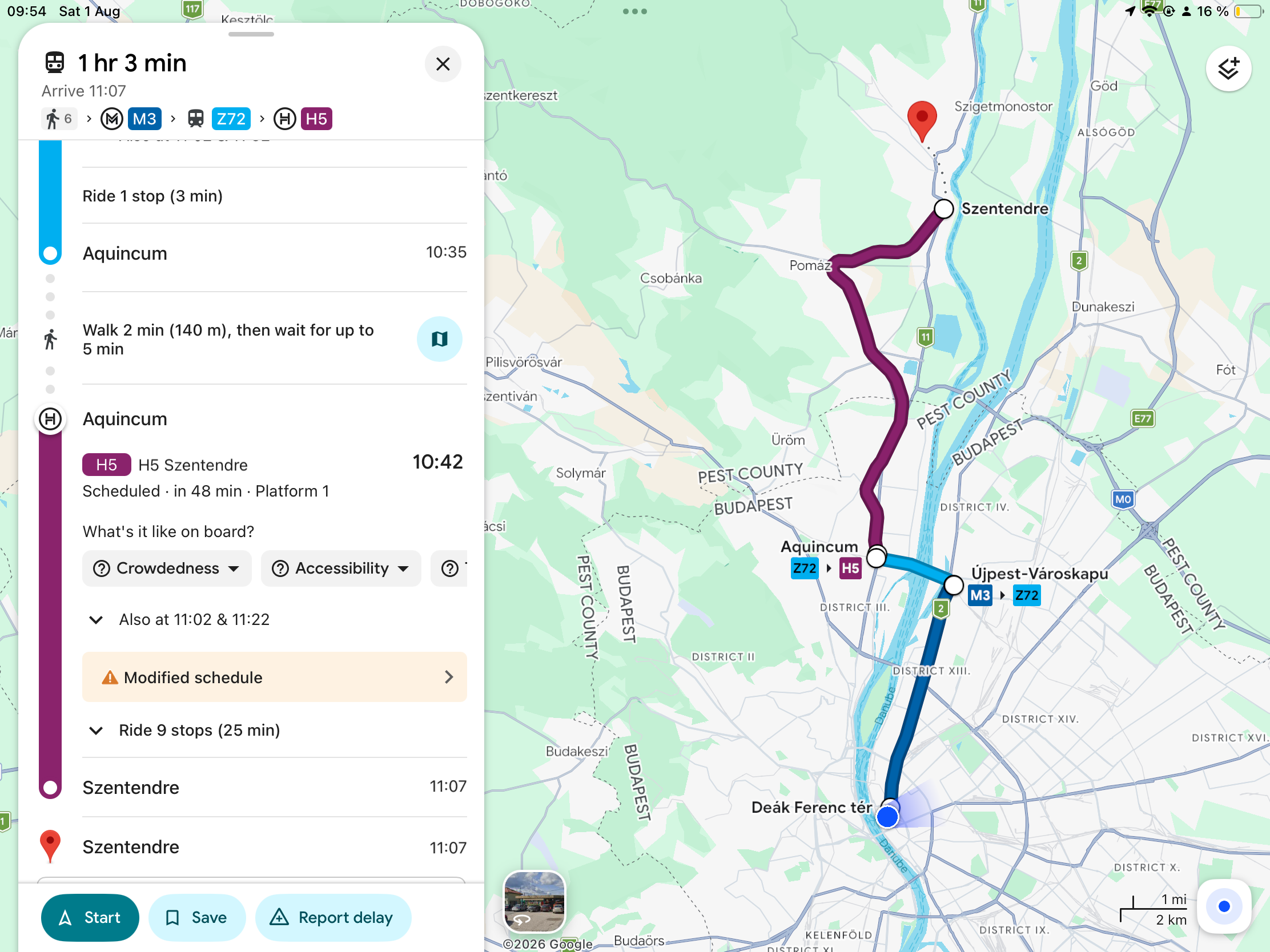 Google Maps transit route from Deák Ferenc tér in Budapest to Szentendre, 1 hour 3 minutes via metro M3, train Z72, and HÉV H5