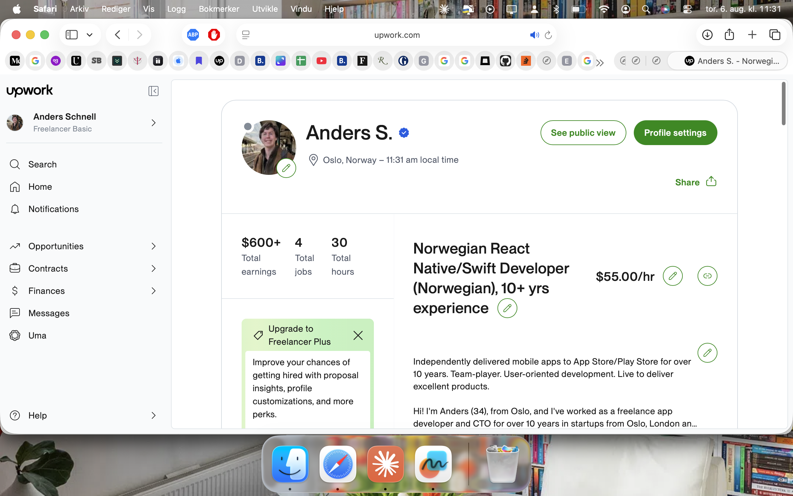 Upwork profile page for Anders S., Norwegian React Native/Swift Developer, showing profile stats and rate